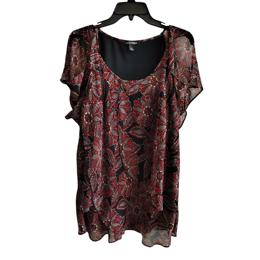 Roz&Ali Women's 1X Black, Red, and‎ White Floral Polka Dot Cold Shoulder Blouse